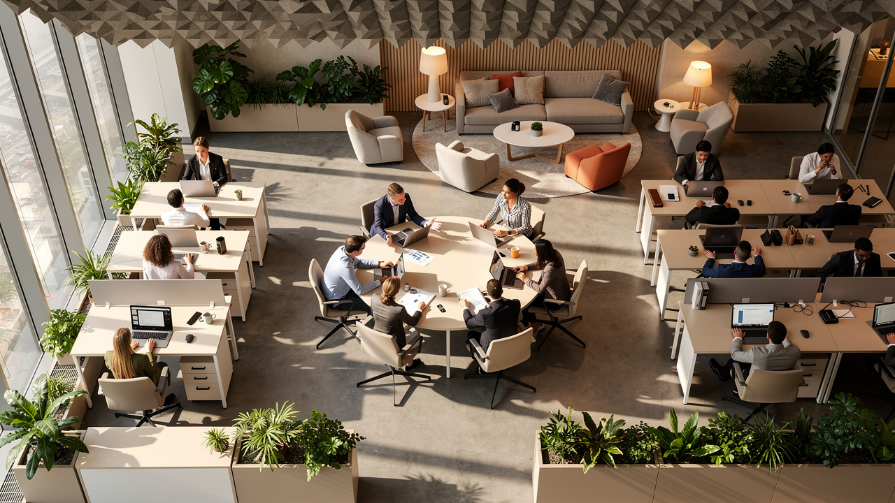 Layout de escritório com zonas diversificadas para diferentes necessidades