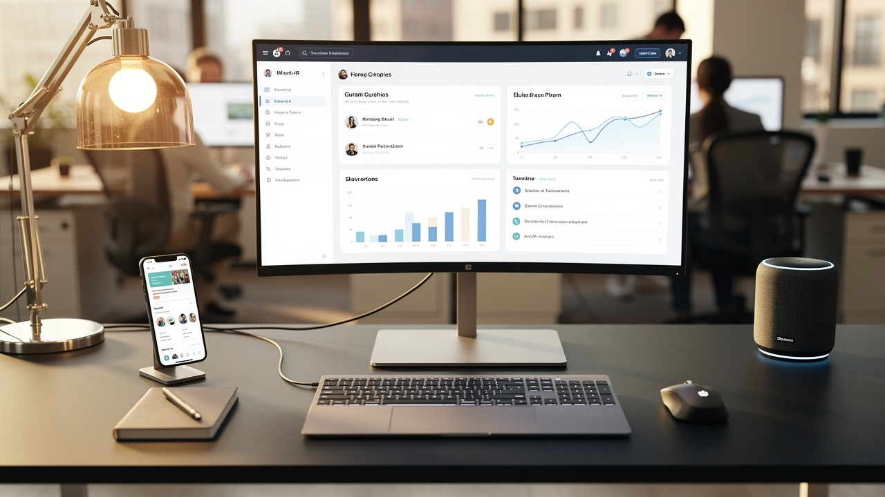 Posto de trabalho com tecnologia integrada e conectividade moderna