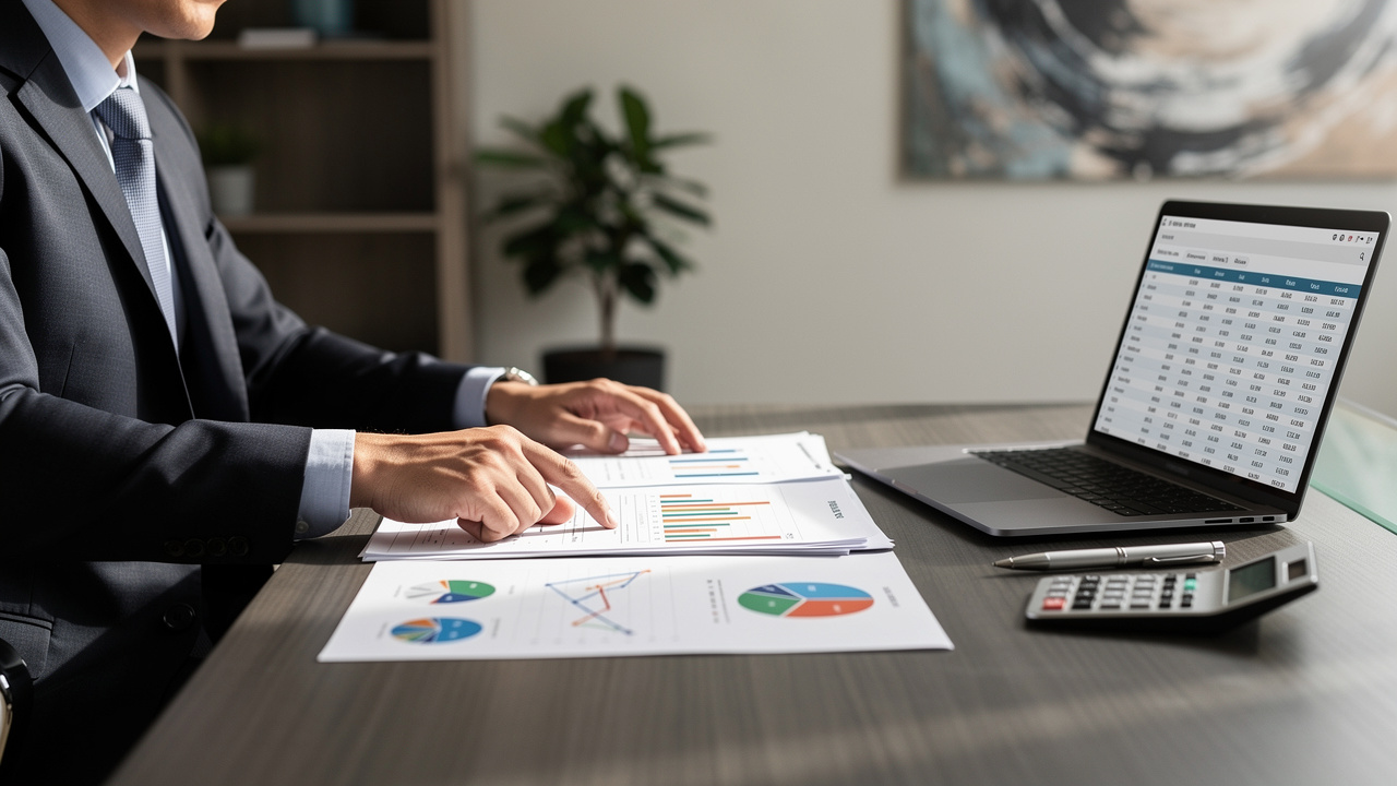 Profissional a analisar relatórios financeiros e dados de otimização