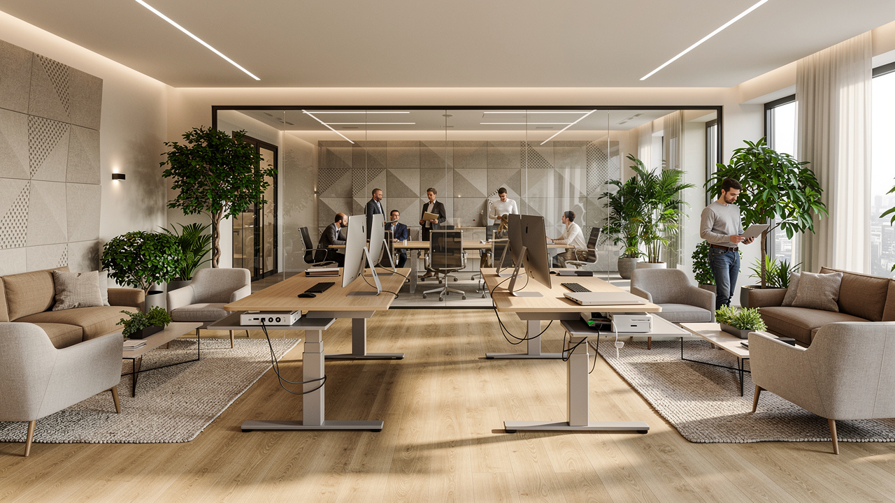 Ambiente de trabalho híbrido moderno com espaços colaborativos variados