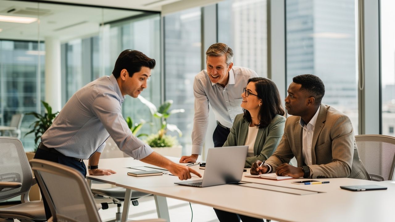 Equipa em reunião presencial numa sala moderna de escritório