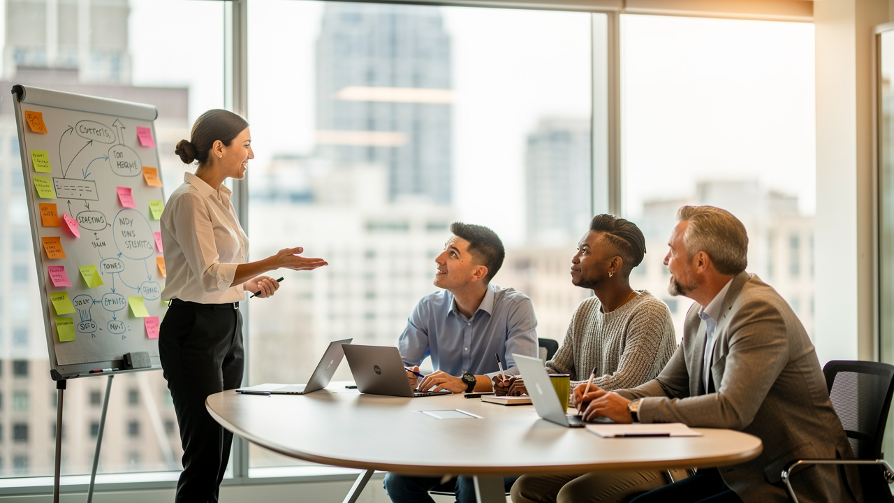 Equipe diversa colaborando em reunião com cultura organizacional saudável