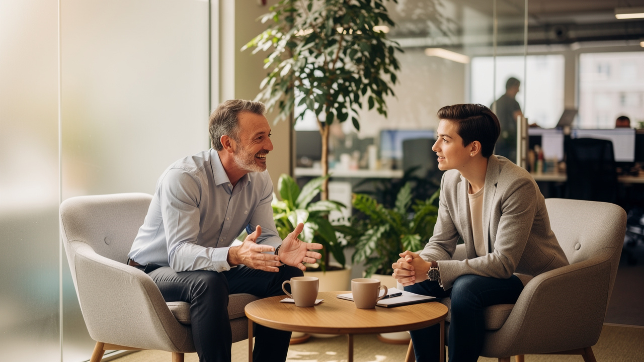 Líder conduzindo conversa de desenvolvimento com colaborador em ambiente acolhedor