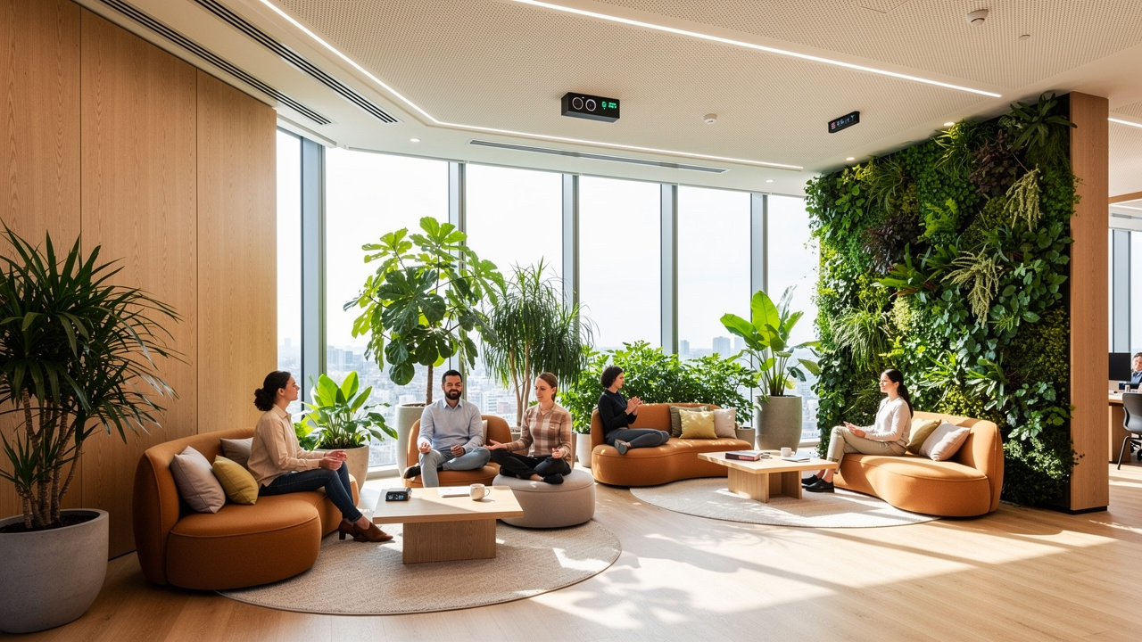 Espaço de bem-estar no escritório com plantas e luz natural