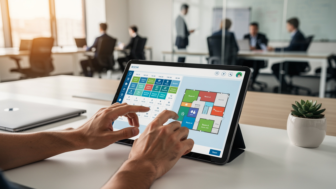 Colaborador reservando sala de reunião por plataforma digital no escritório