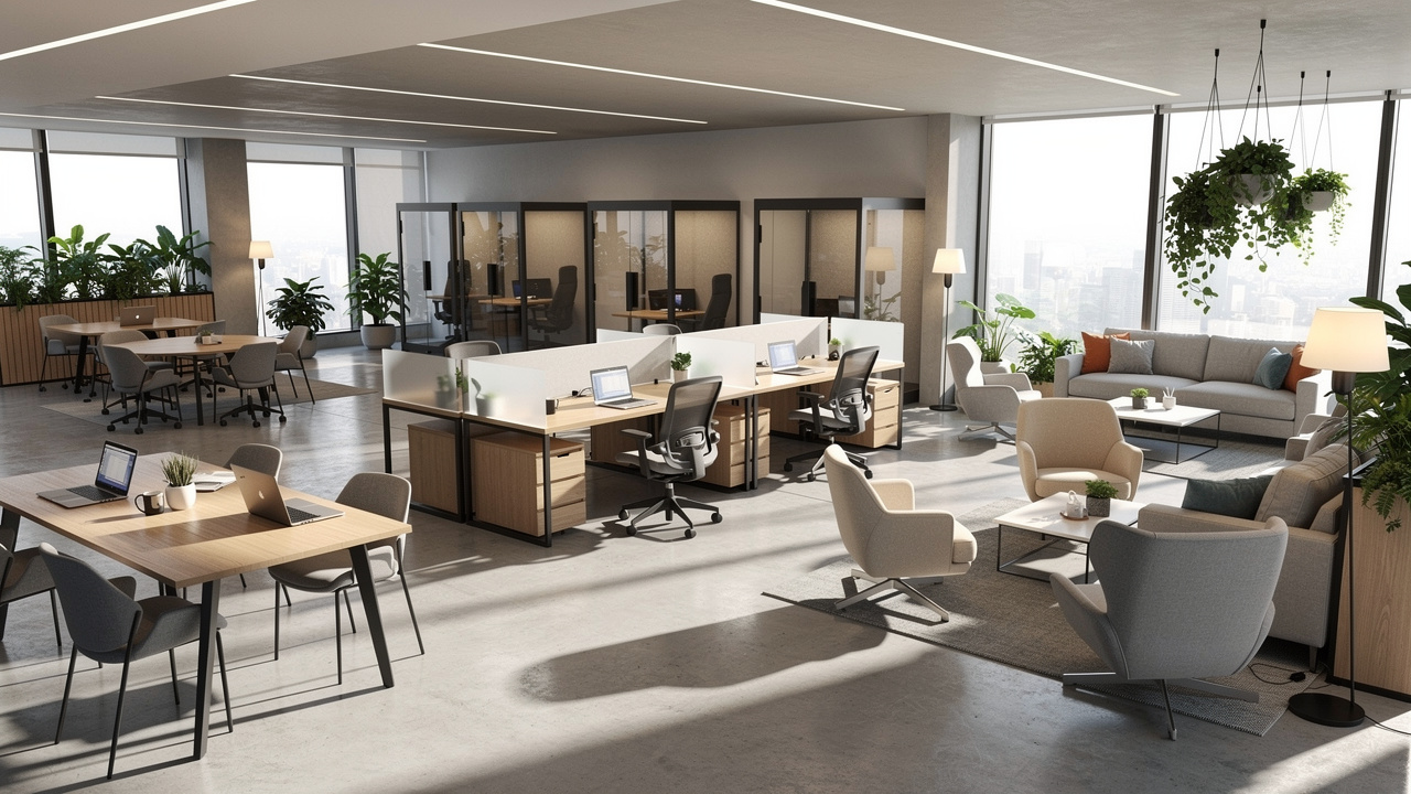 Layout de escritório com zonas diferenciadas para várias atividades