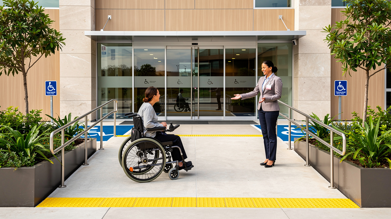 Entrada acessível com rampa em evento corporativo
