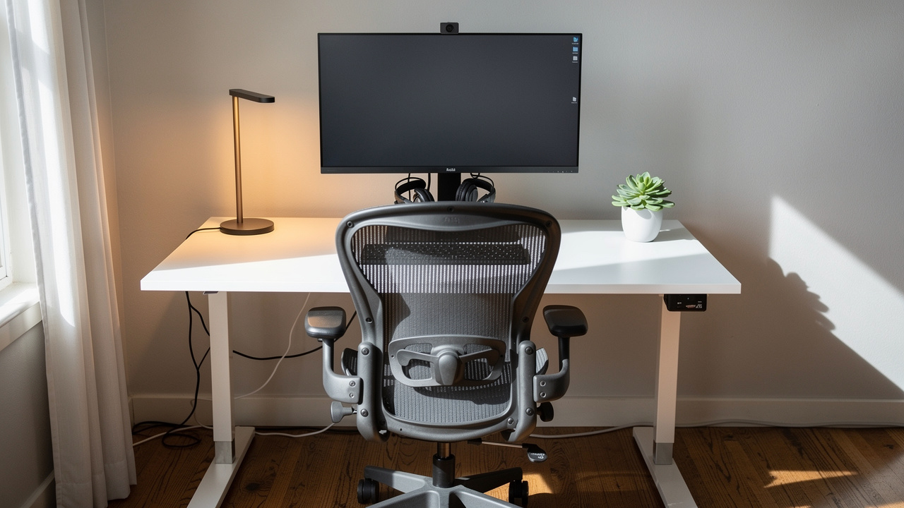 Home office ergonômico com cadeira ajustável e iluminação adequada