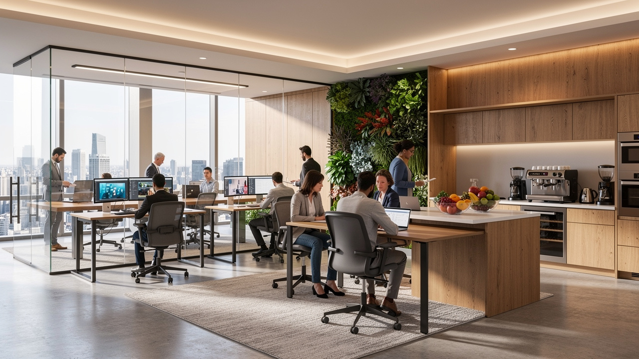 Ambiente de trabalho híbrido moderno com espaços colaborativos