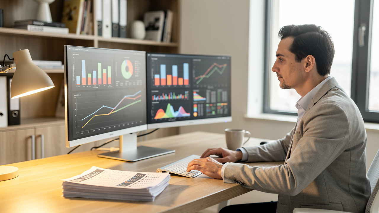 Profissional analisando métricas e ROI de convenção de vendas