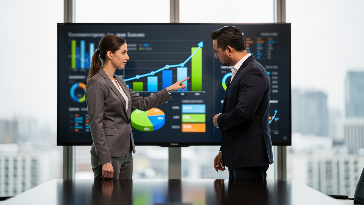 Executivos analisando resultados e ROI de evento corporativo em dashboard