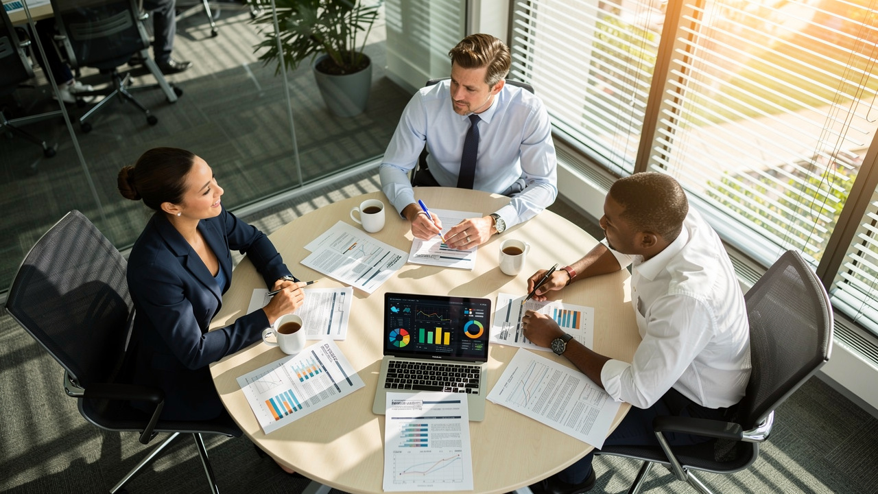 Equipe analisando ROI e resultados de evento corporativo