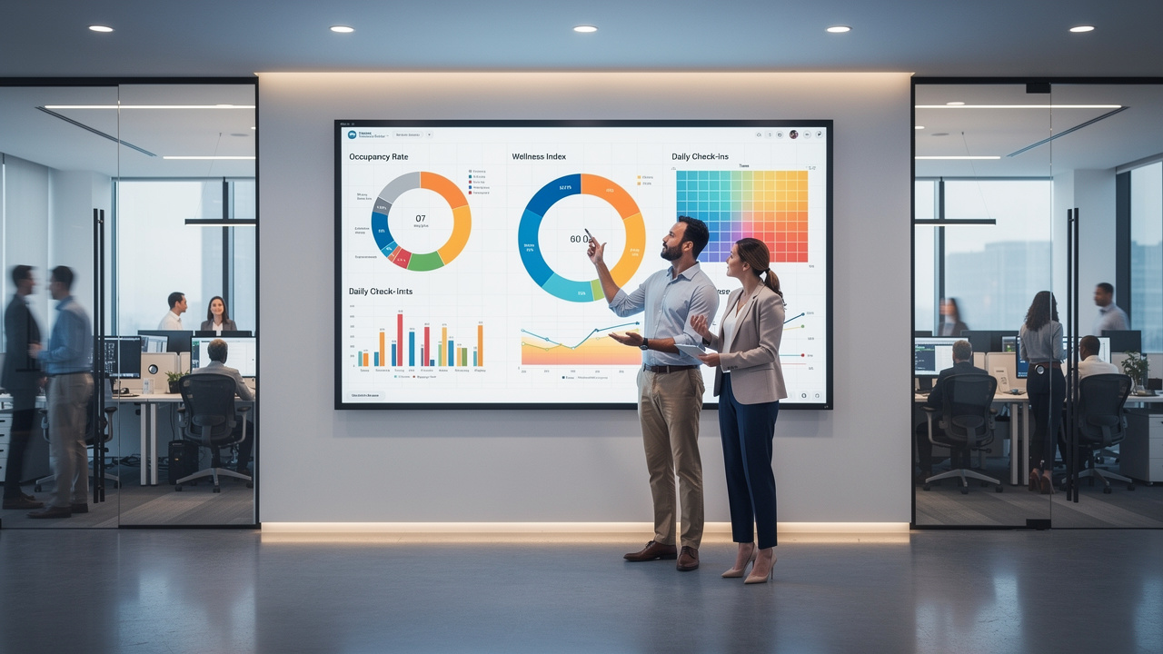 Gestores analisando métricas de bem-estar com dados visuais