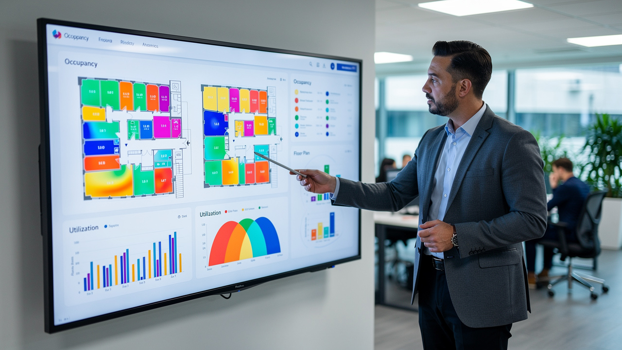 Gestor analisando dashboard de ocupação do escritório