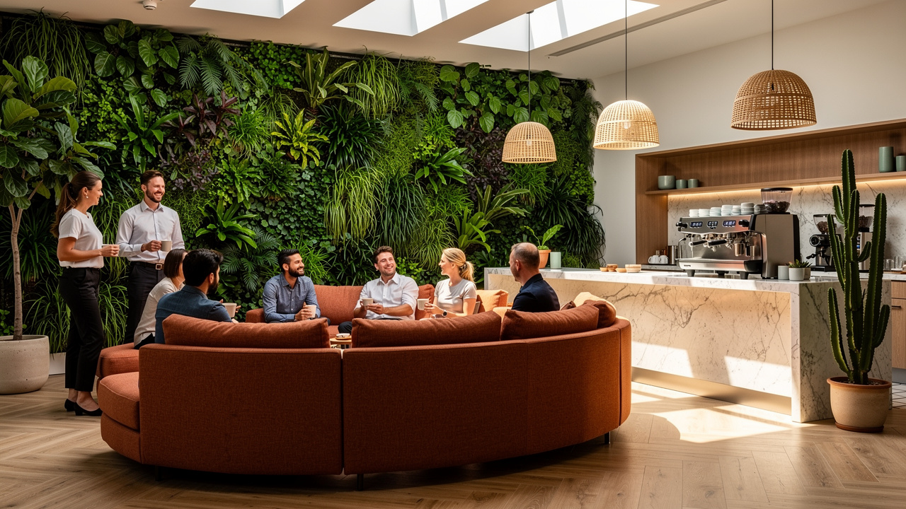 Área de bem-estar e socialização com design biofílico no escritório