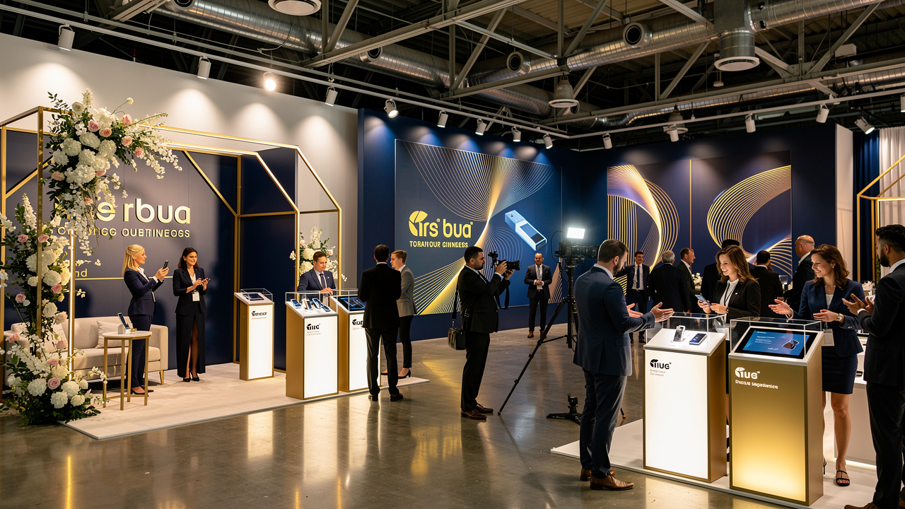 Zona de ativação de marca patrocinadora em evento corporativo moderno