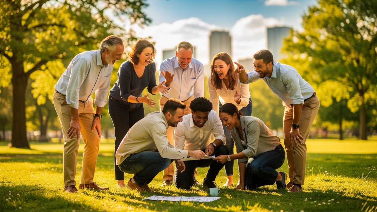 Grupo de colaboradores em atividade presencial ao ar livre