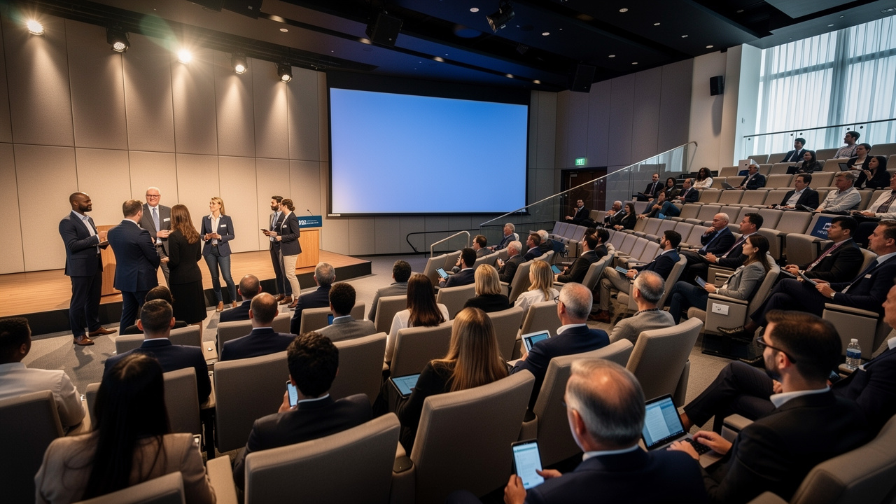 Auditório corporativo com participantes em evento híbrido empresarial