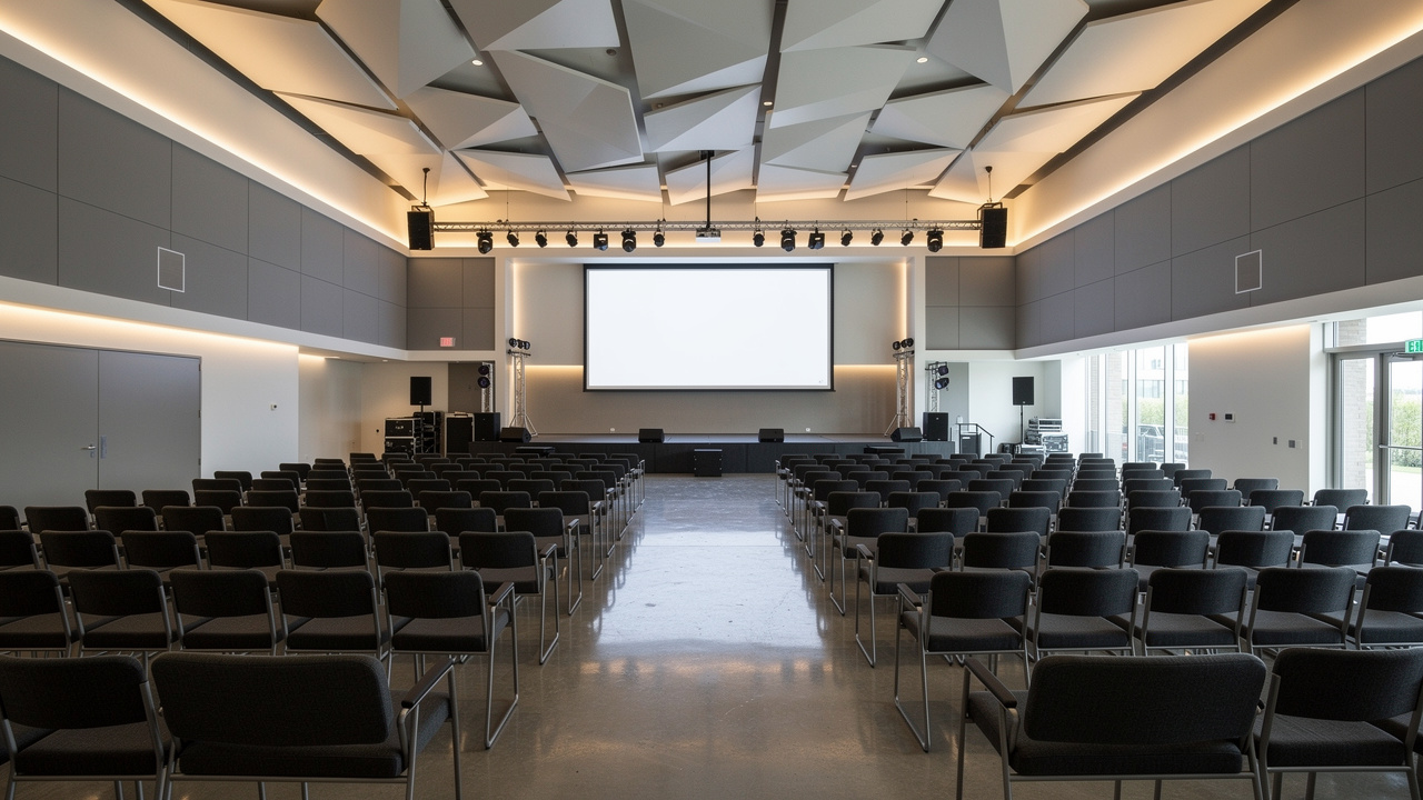 Auditório corporativo moderno em formato teatro para palestras