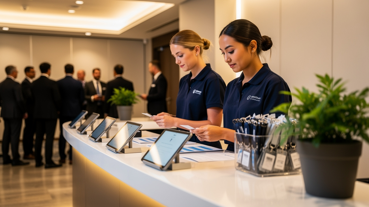 Equipe de credenciamento corporativo organizando entrada de participantes