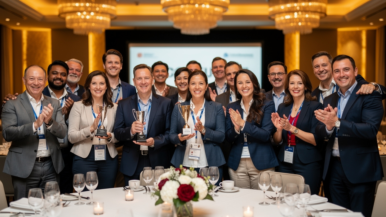 Equipe de vendas celebrando conquistas ao final da convenção