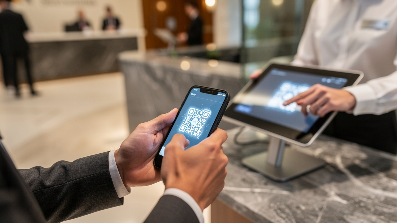 Participante usando QR code para check-in em evento