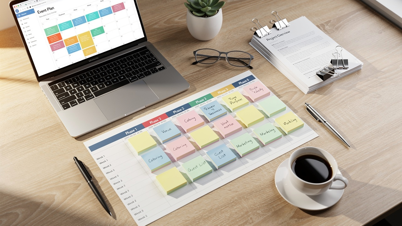 Mesa de trabalho com cronograma e checklist para planejamento de eventos