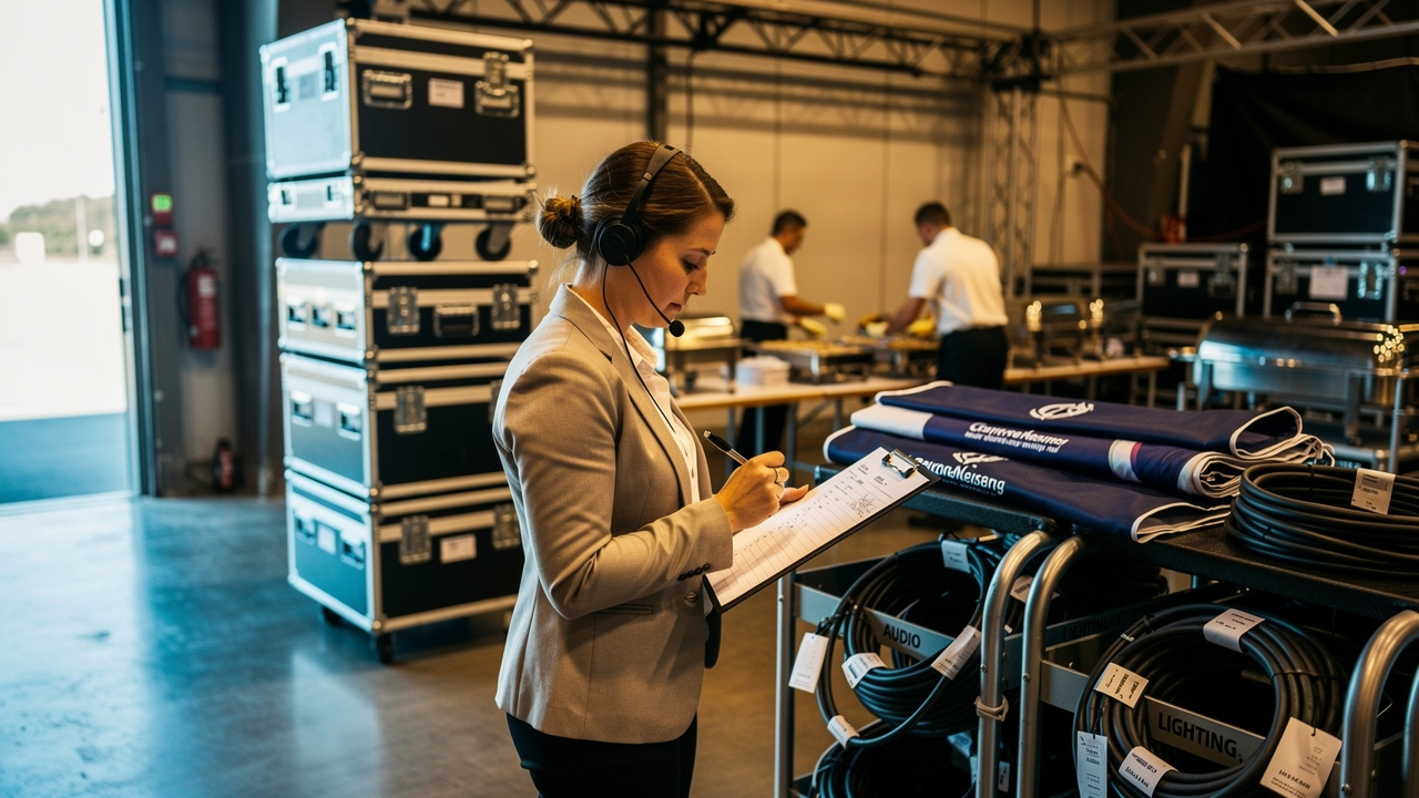 Coordenadora revisando checklist completo antes do evento corporativo