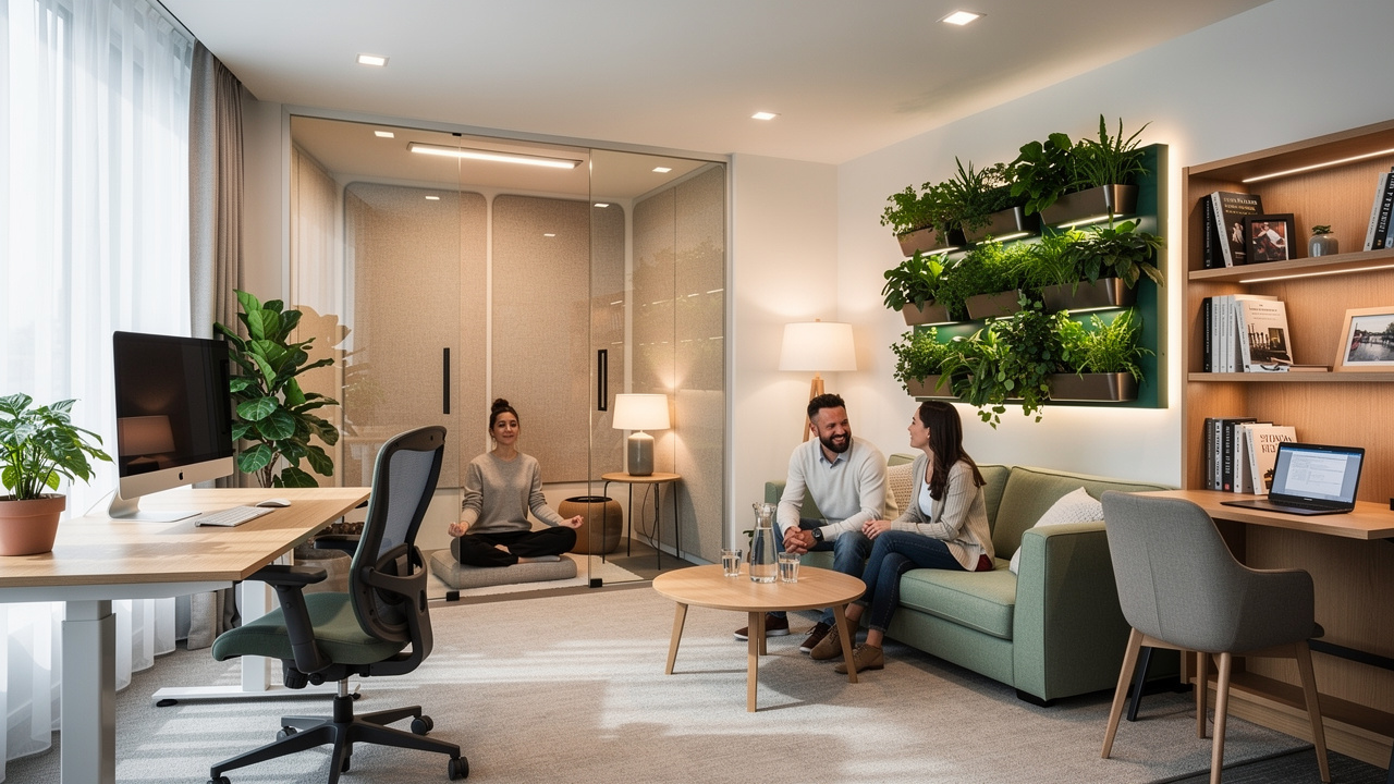 Espaços corporativos representando os cinco pilares do bem-estar