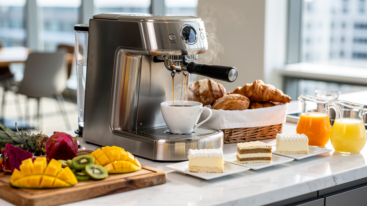 Estação de coffee break corporativo com café e lanches