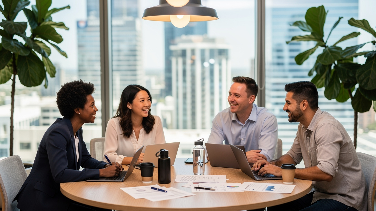 Equipe diversa colaborando presencialmente em espaço moderno