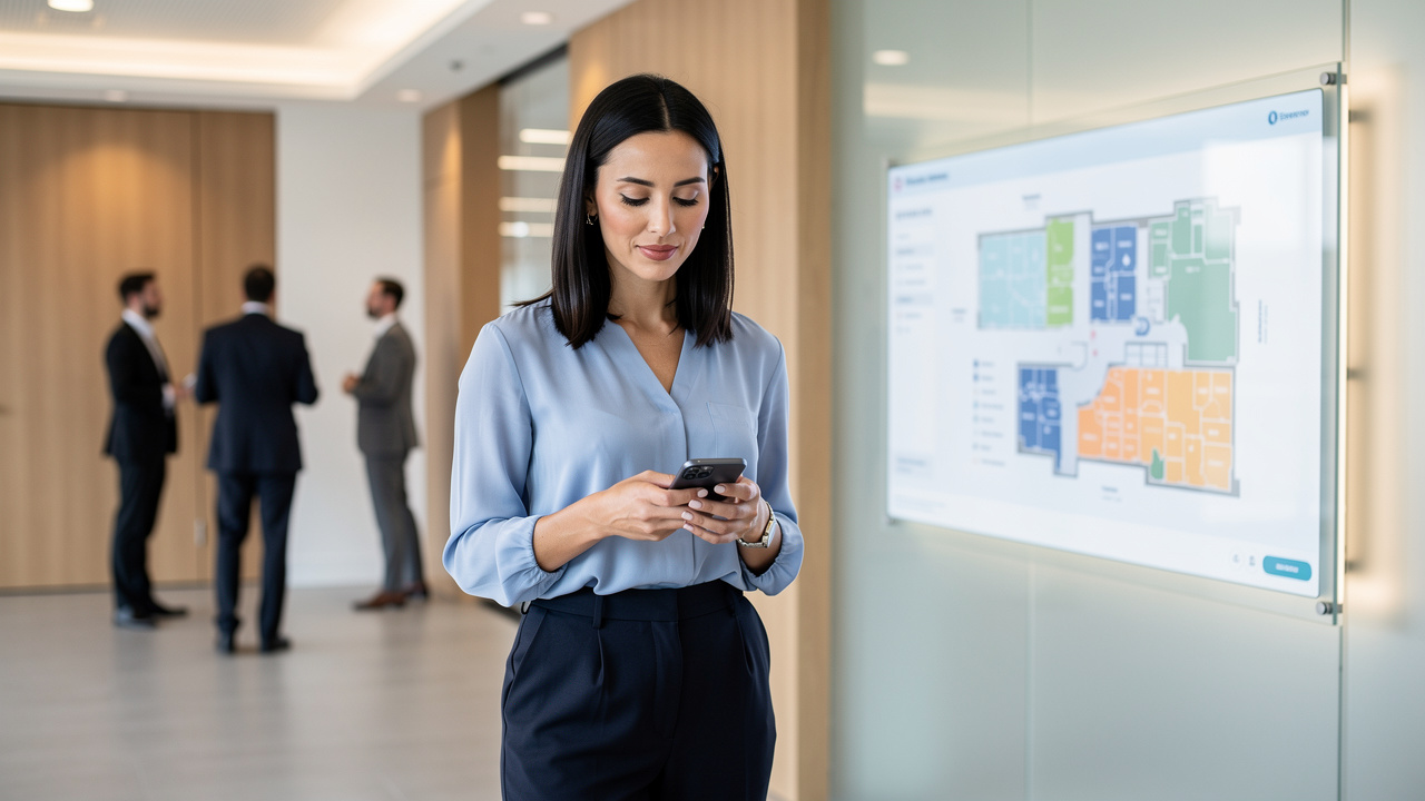 Colaboradora reservando sala de reunião pelo smartphone