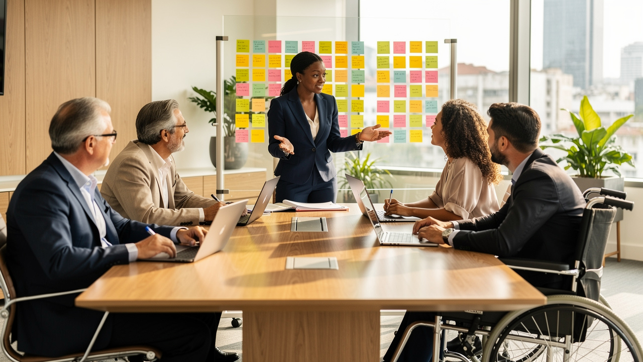 Comitê diverso planejando evento corporativo inclusivo