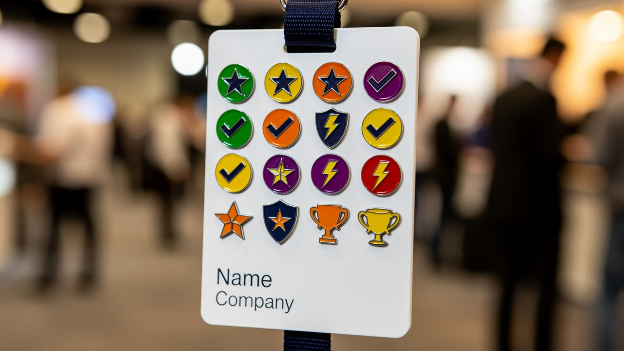 Crachá corporativo com adesivos colecionáveis coloridos de gamificação
