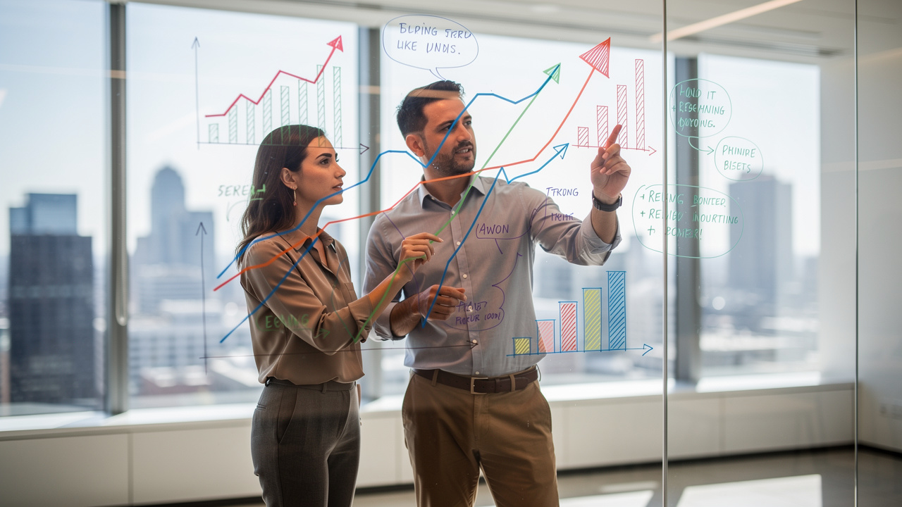 Executivos analisando resultados de desempenho empresarial em escritório