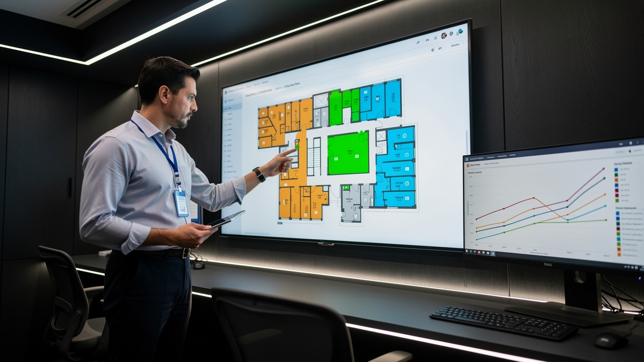 Gestor analisando dashboard de ocupação de espaço em tempo real