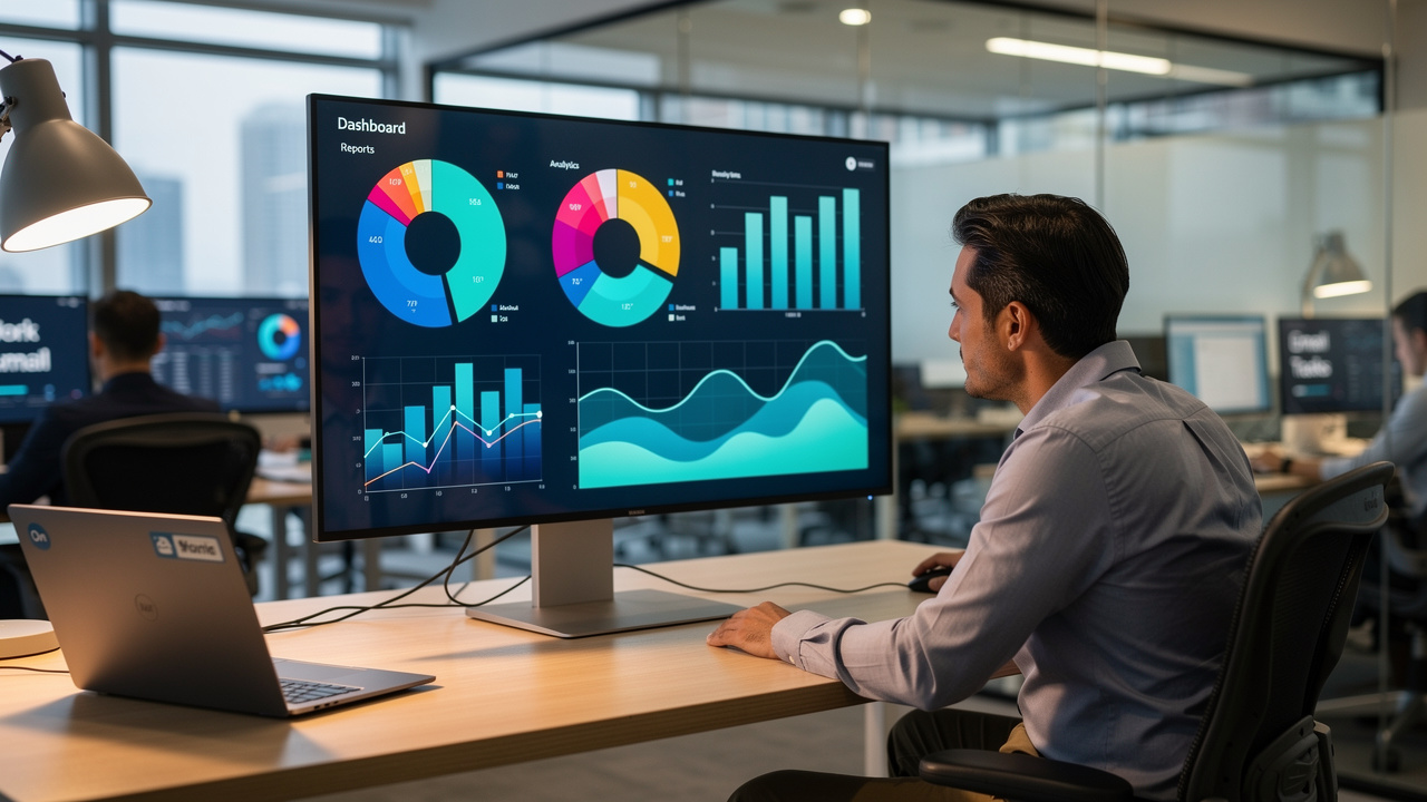Profissional analisando dashboard de KPIs em monitor moderno