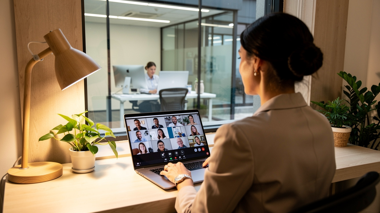 Profissional em trabalho híbrido conectada com colegas no escritório