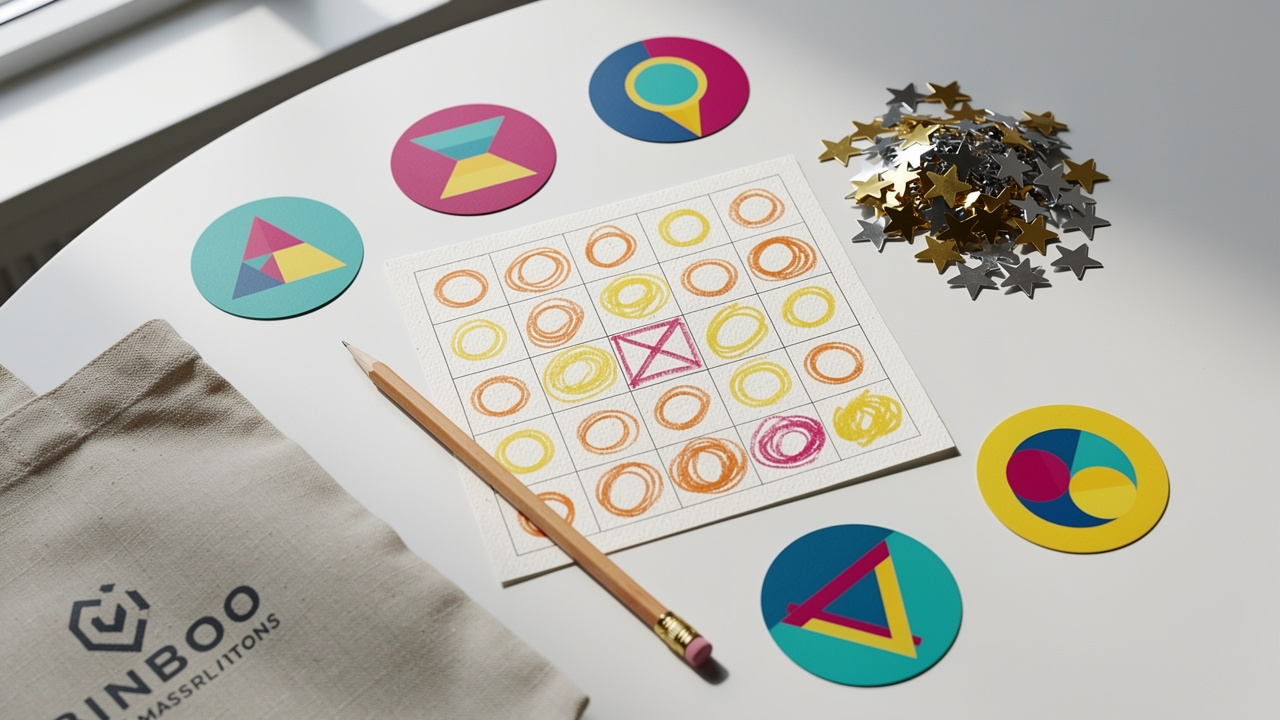 Materiais analógicos de gamificação: cartela de bingo e missões em evento