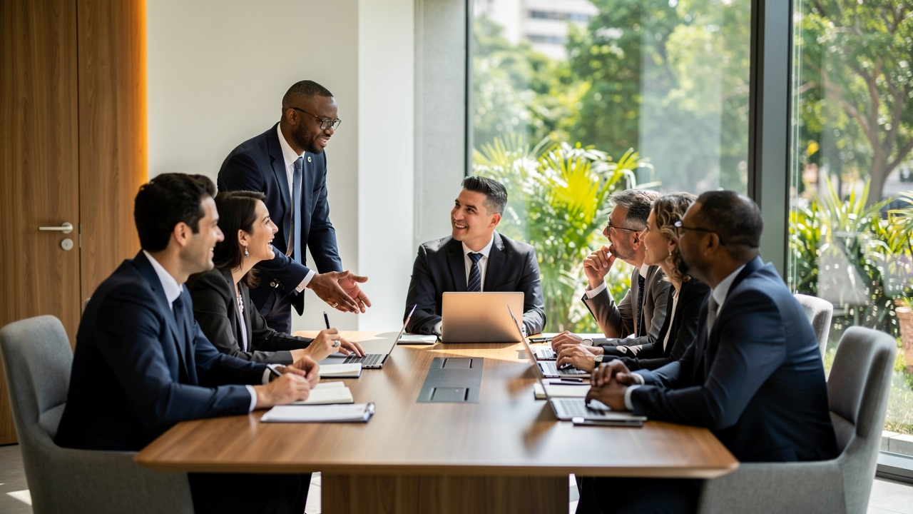 Equipe diversa reunida em ambiente inclusivo e colaborativo