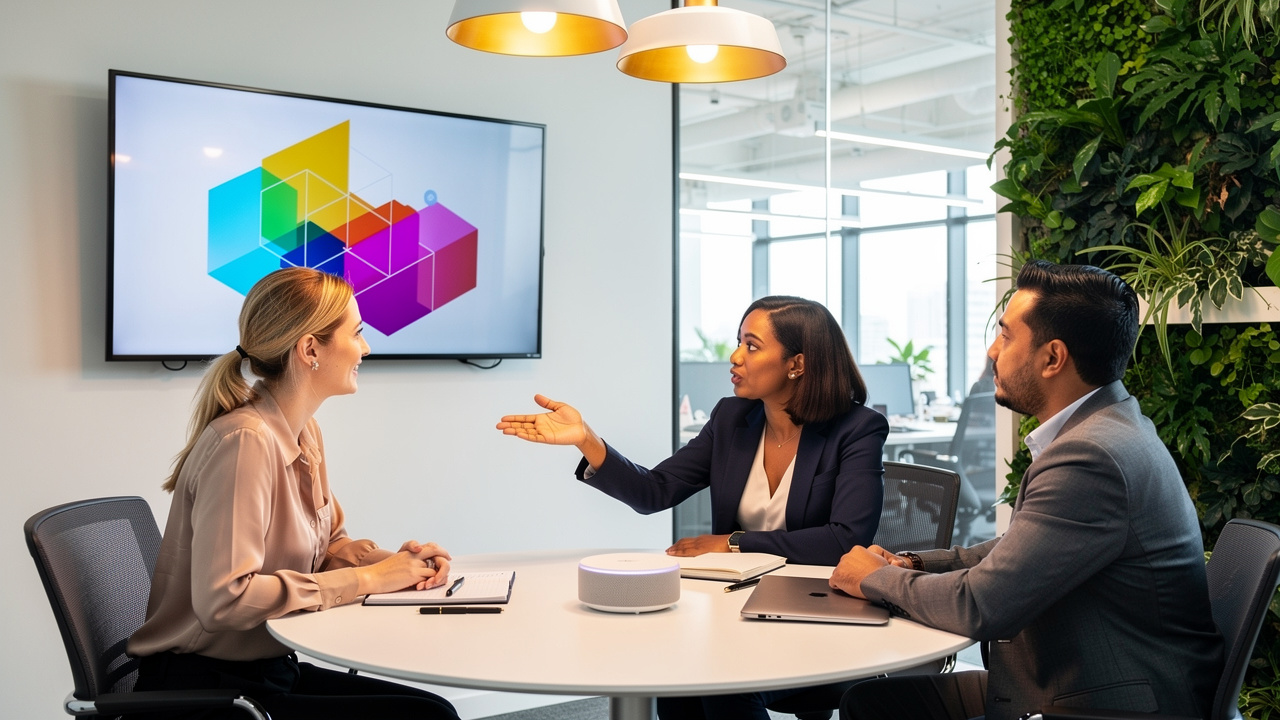 Equipe colaborando em sala de reunião de escritório híbrido
