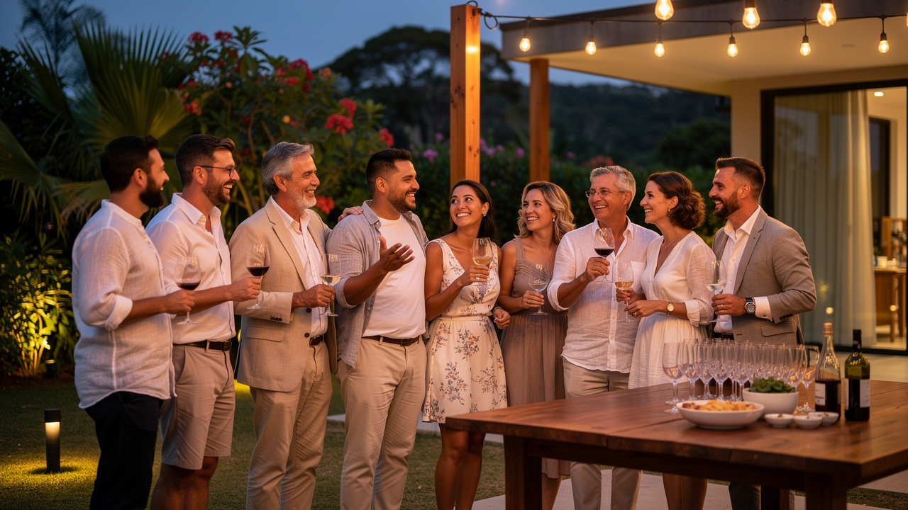 Equipe corporativa se integrando durante confraternização noturna em offsite