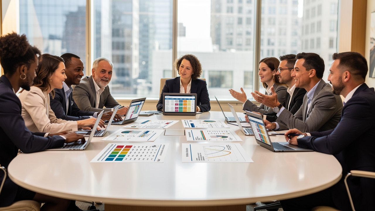 Equipe corporativa colaborando no planejamento de evento empresarial