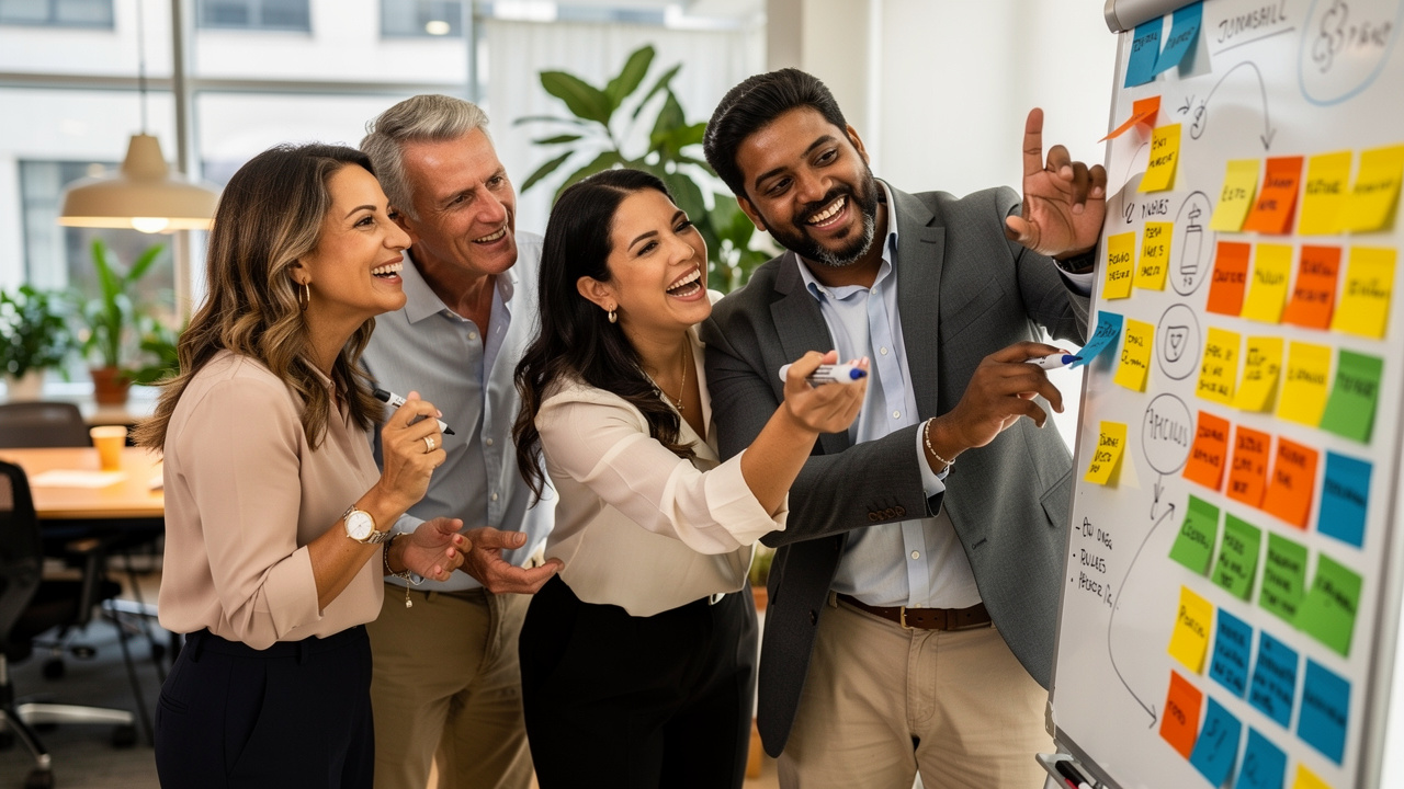 Equipe corporativa planejando workshop com checklist colaborativo