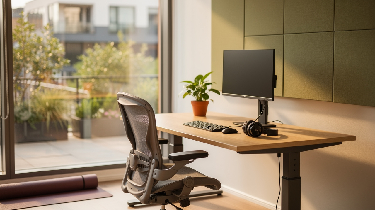 Estação de trabalho ergonômica e saudável em escritório híbrido