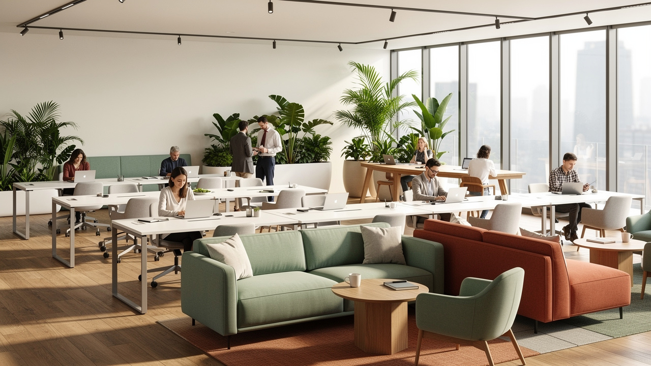 Escritório híbrido com zonas de foco e hot-desking moderno