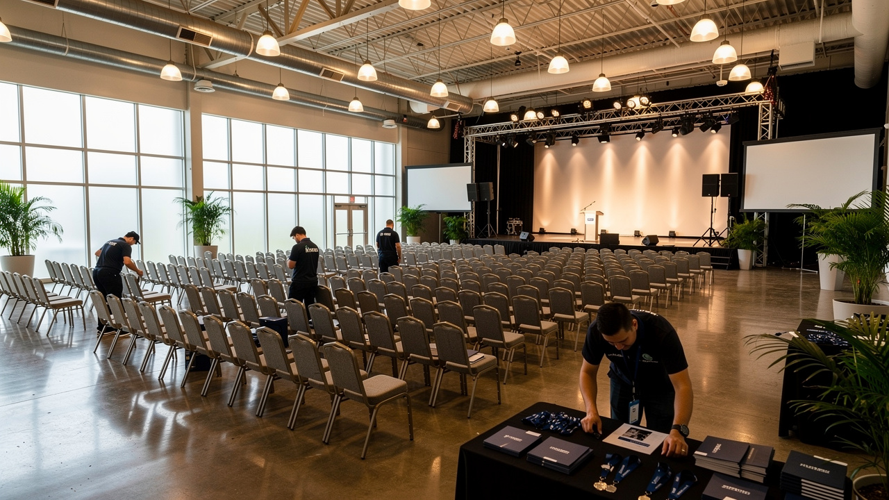 Espaço corporativo sendo preparado para convenção de vendas