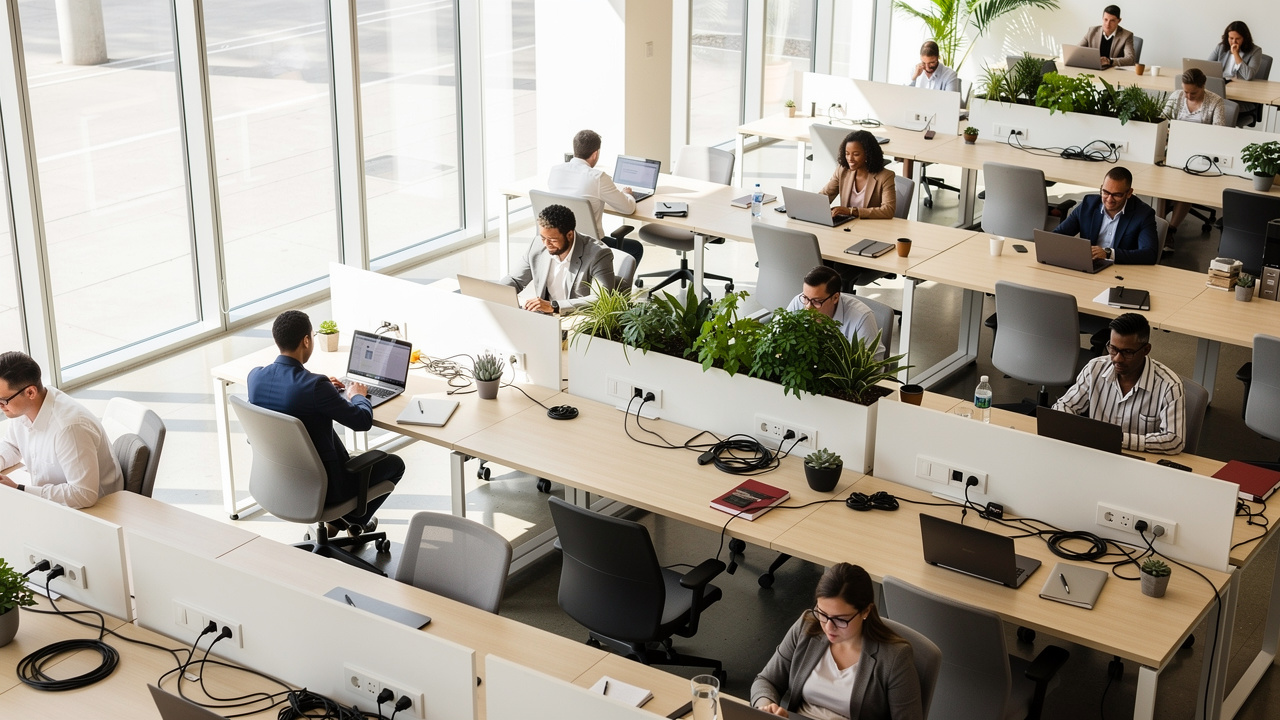 Escritório híbrido com espaços ocupados e mesas vazias visíveis