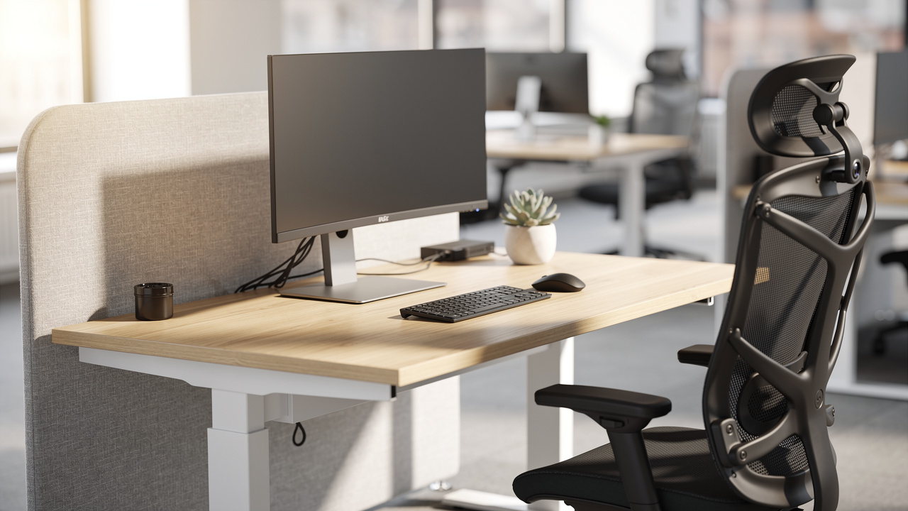 Estação de trabalho ergonômica ajustável para hot desking corporativo