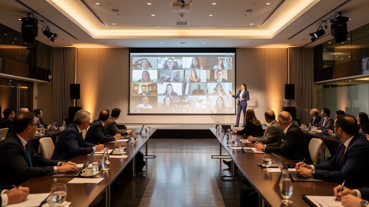Evento corporativo híbrido com participantes presenciais e remotos